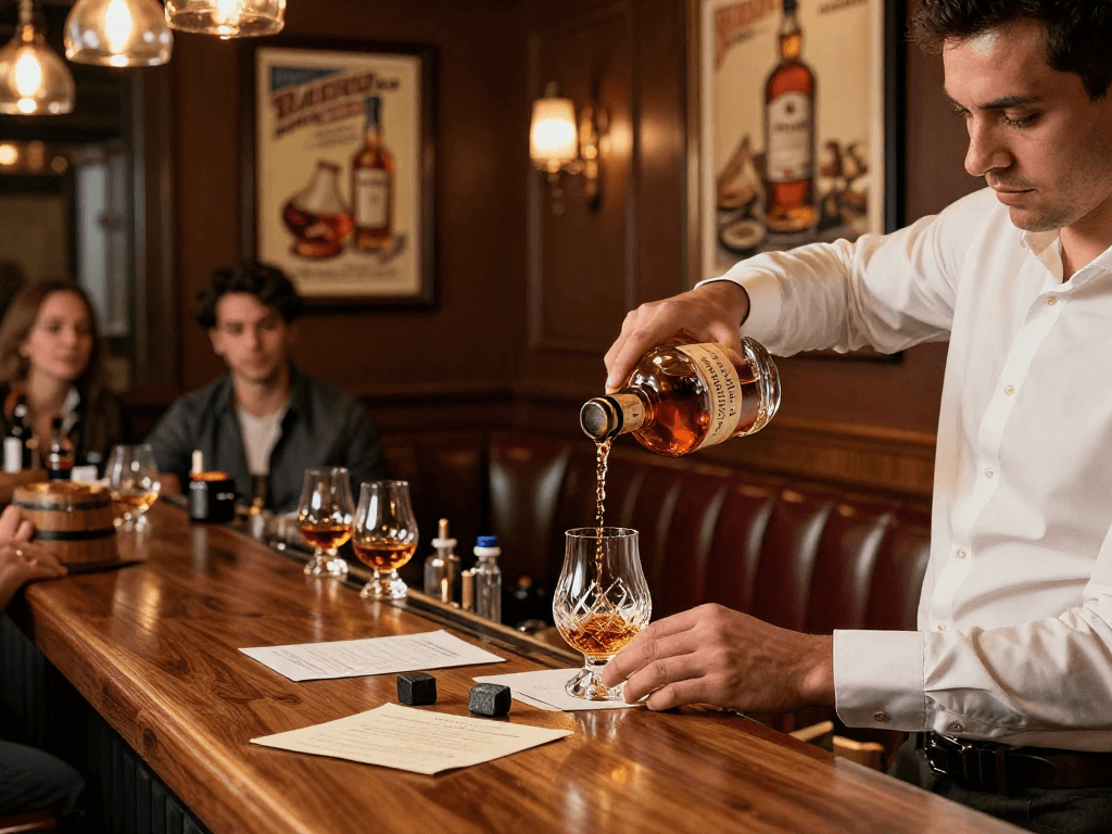 Experience Blanton's Whiskey poured into a crystal glass at an upscale bar.