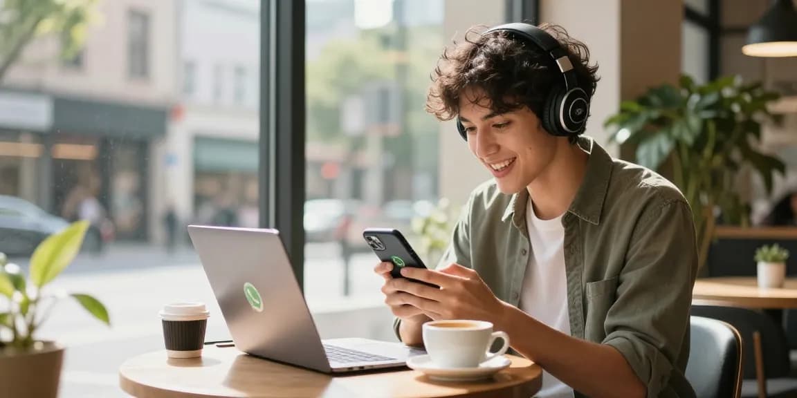 WhatsApp下載 process shown with a smartphone user in a café enjoying seamless app download experience.