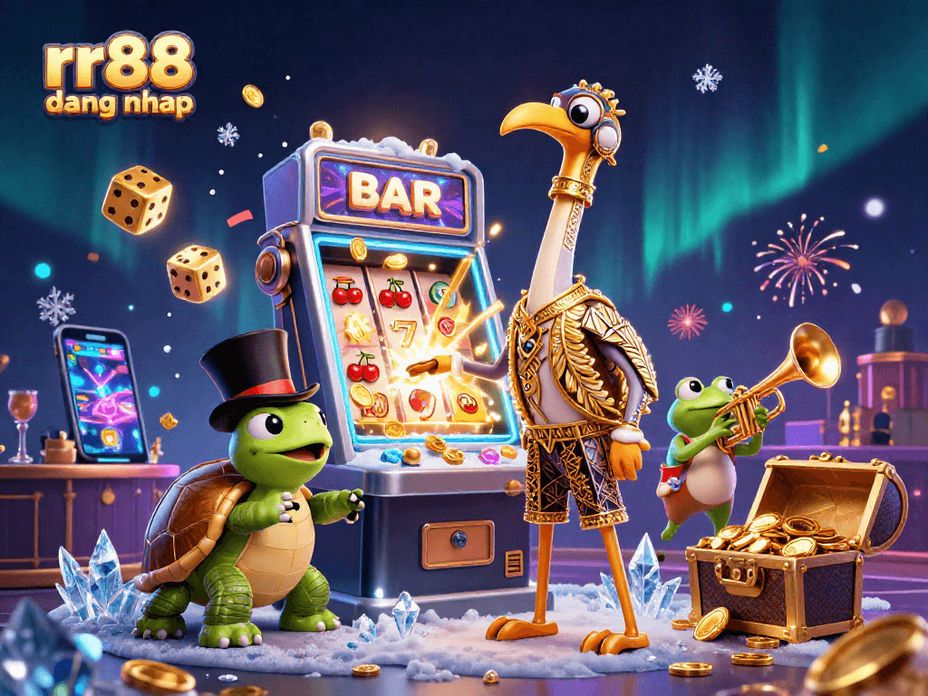 Experience exciting wins with rr88 dang nhap at our vibrant casino-themed illustration featuring slot machines and lively characters.