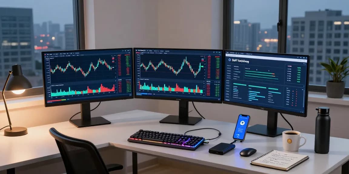 Recuperación de criptomonedas phishing, persona analizando gráficos en un espacio de trabajo profesional con pantallas mostrando transacciones y datos sobre activos digitales.