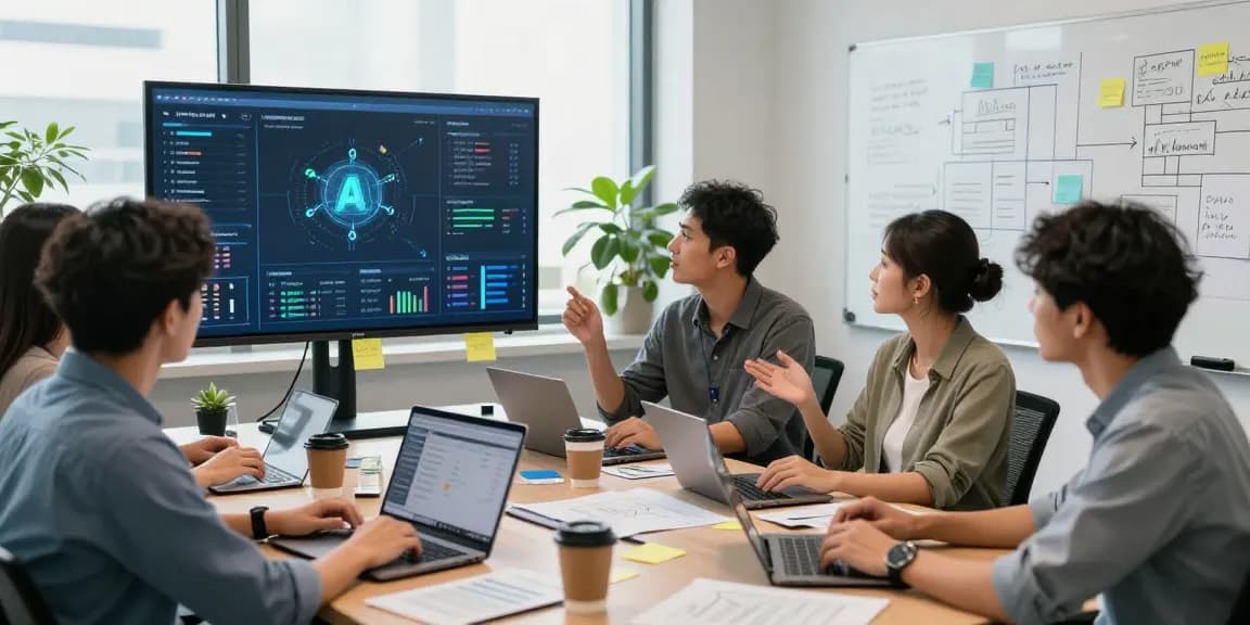 Team collaboration on AI automation dashboards in a modern office.