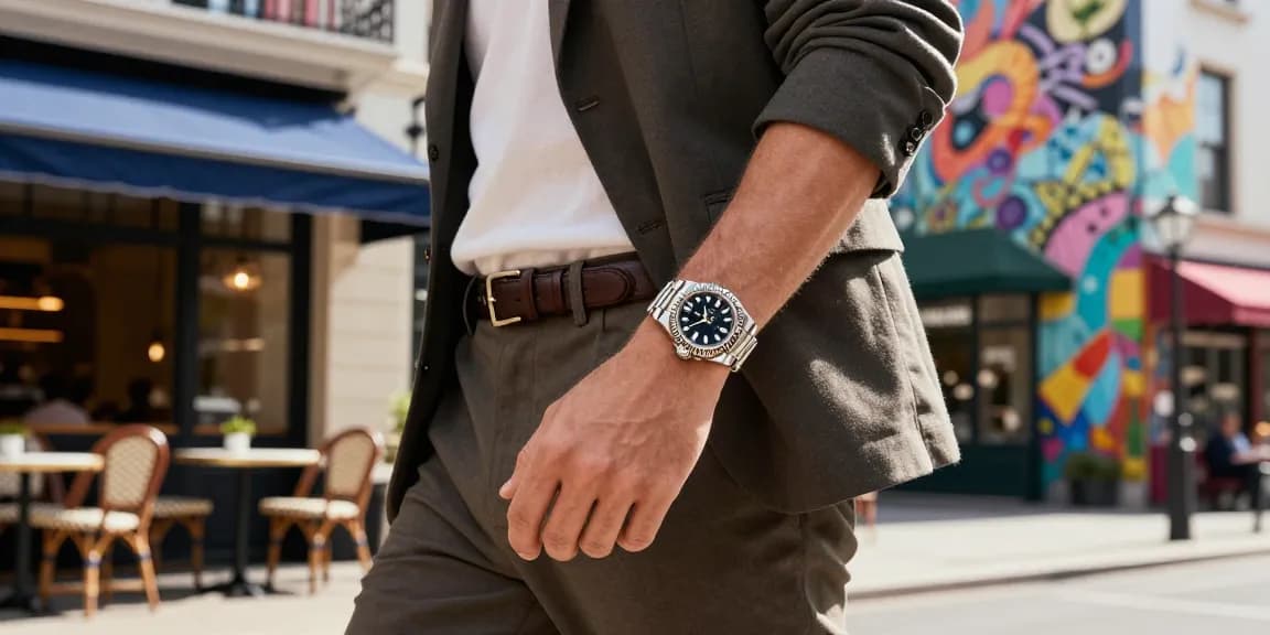 Stylish individual showcasing a Rolex super clone watch in urban setting, highlighting luxury and craftsmanship.