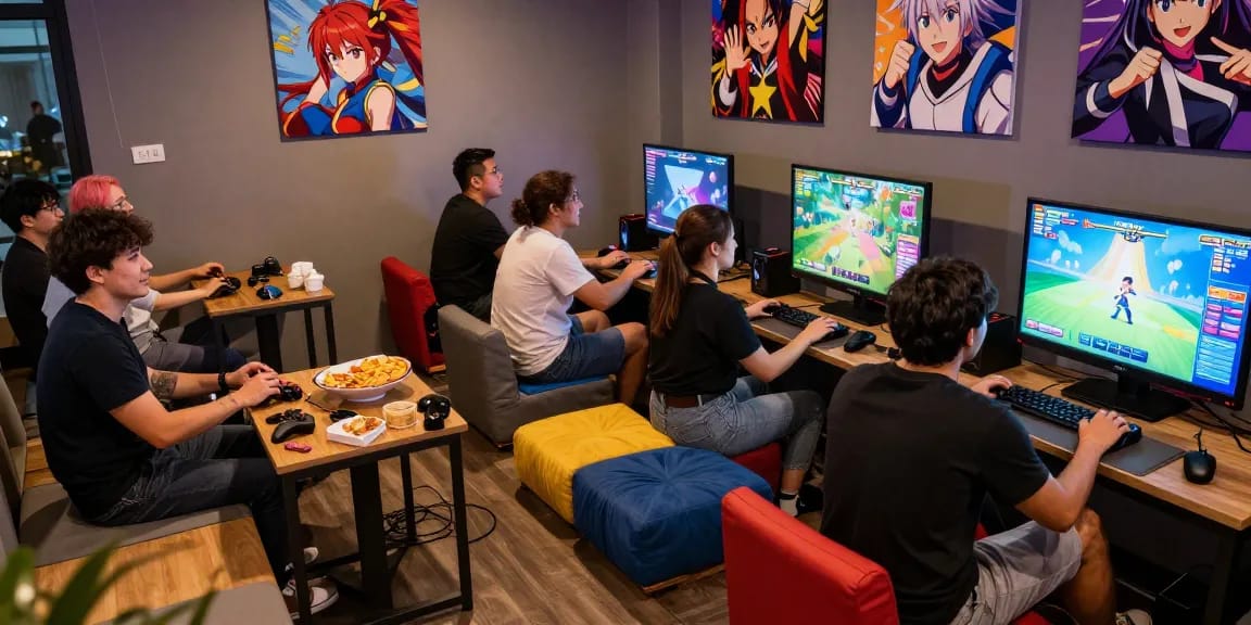 Enthusiastic adults playing hentaigames in a vibrant gaming lounge
