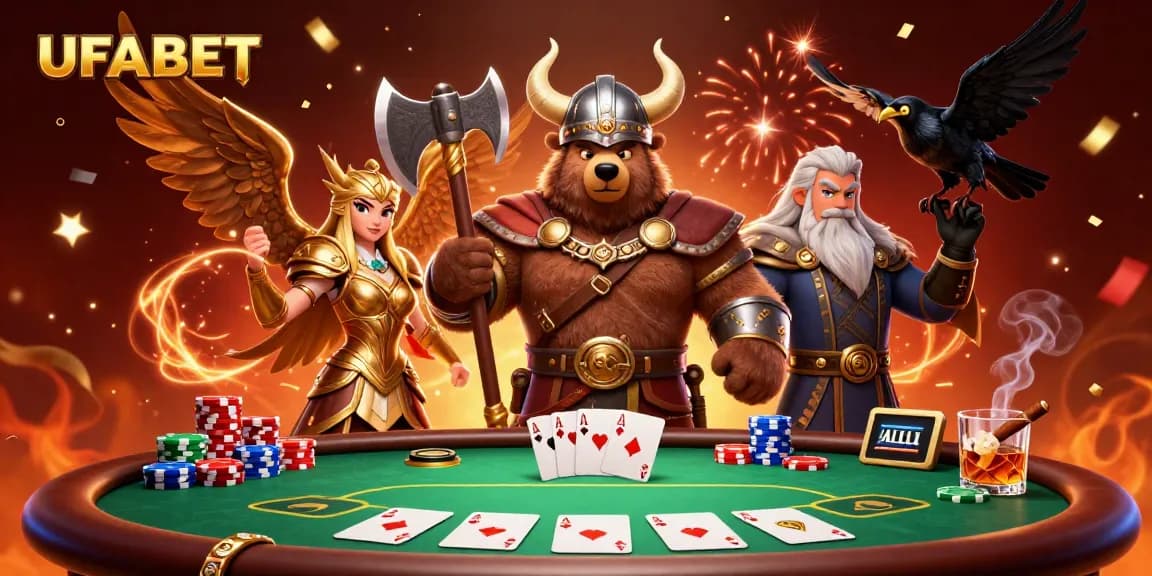 Play with UFABET in a vibrant 3D scene featuring poker elements and mythical characters.
