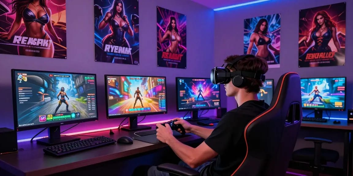 Immersive sex simulator gaming scene with a player interacting with vibrant 3D characters and avatars.