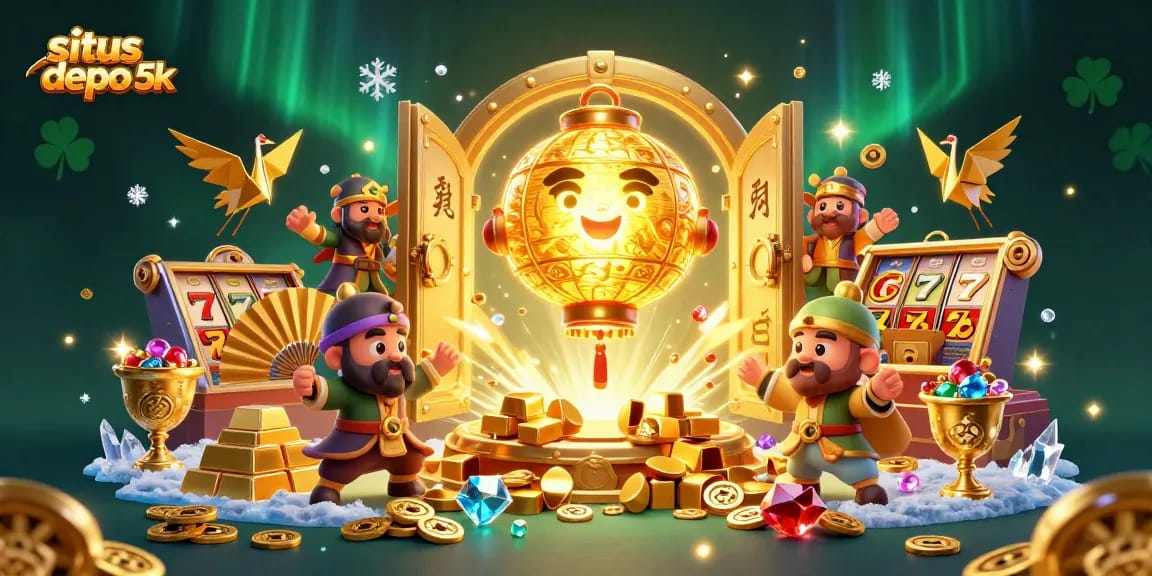 Situs depo 5k showcases a vibrant night market casino scene filled with golden treasures and playful spirits.