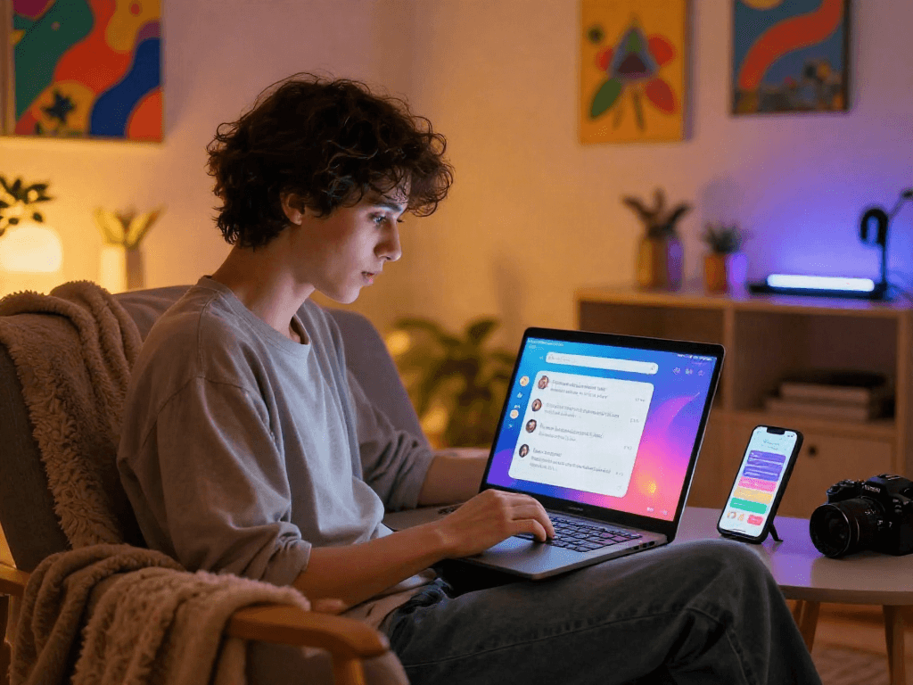 User engaged in ai porn chat application, showcasing interactive elements in a cozy setting