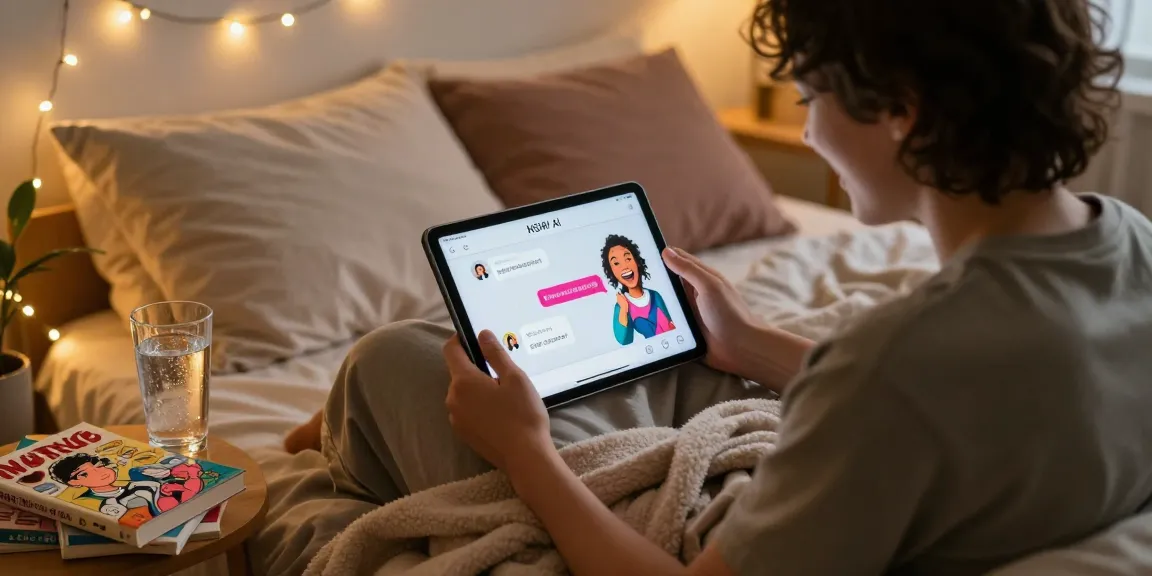 Engaging with NSFW AI chat on a tablet in a cozy setting.