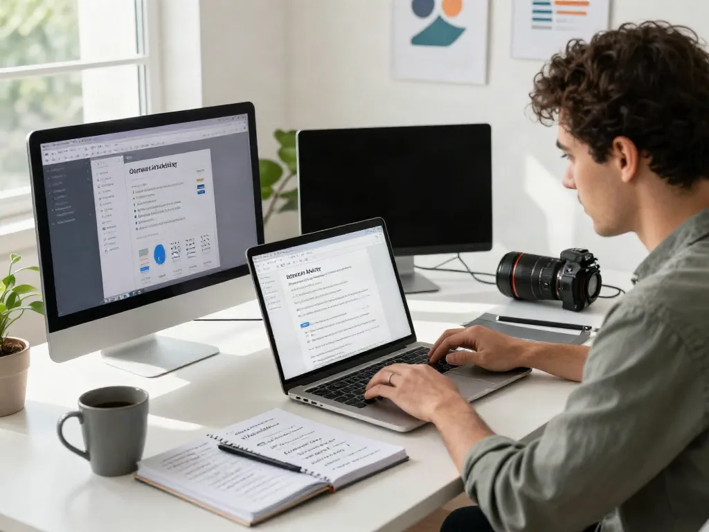 SEO specialist optimizing website for instant indexing in a bright workspace.