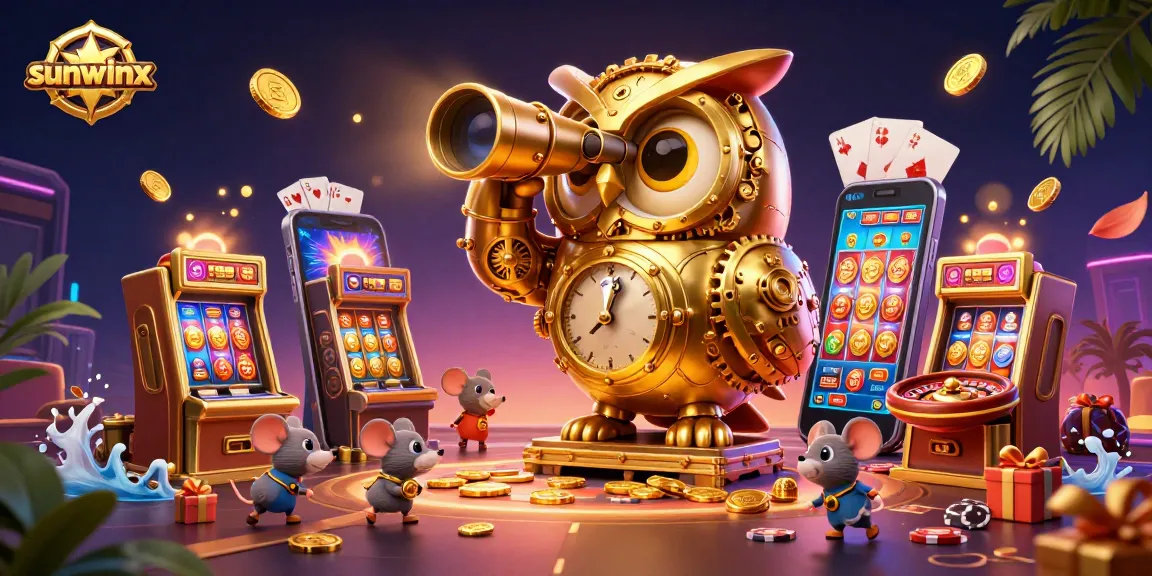 Engage with sunwinx's vibrant casino scene featuring a golden owl overseeing slot machines.