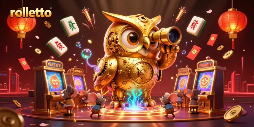 Rolletto showcases a colorful casino scene with animated characters amidst vibrant gaming elements.