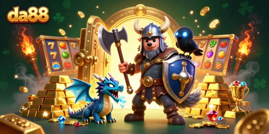 Spin the reels for jackpots and treasures with da88 in this vibrant casino-themed illustration.