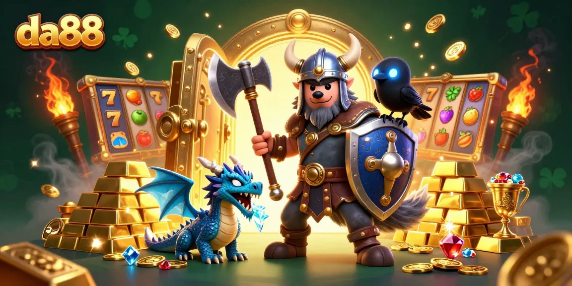 Spin the reels for jackpots and treasures with da88 in this vibrant casino-themed illustration.