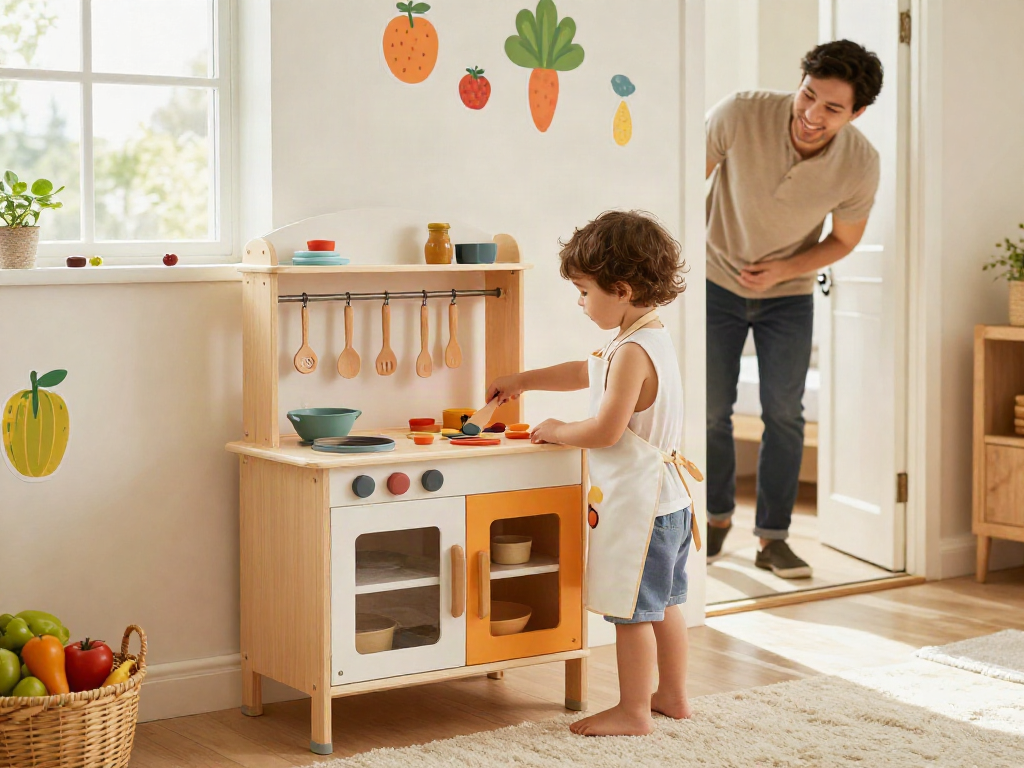 Engaging child playing chef at a vibrant toy kitchen in a warm playroom.