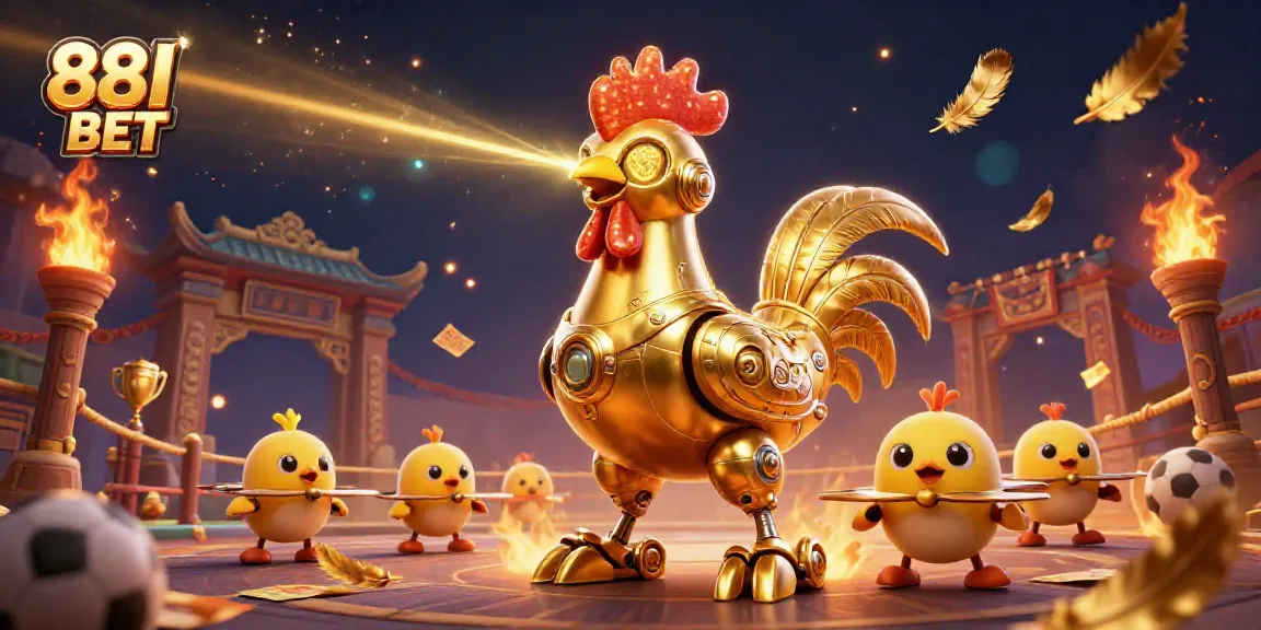 Engage with 88I BET in a vibrant 3D scene featuring a golden rooster robot and betting elements.