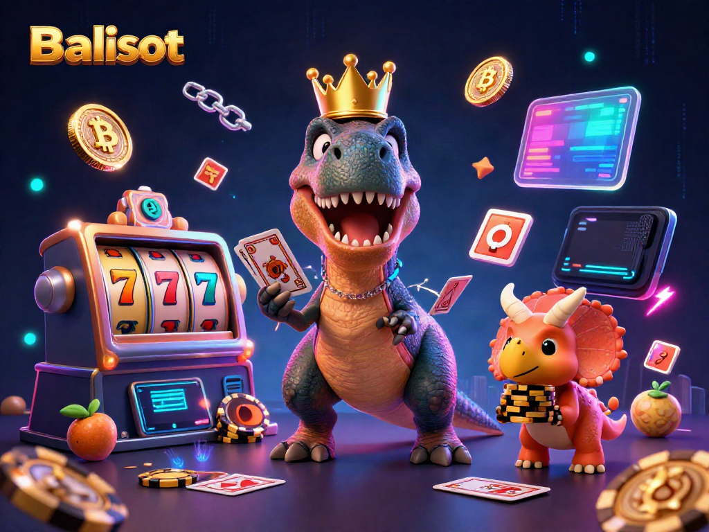 Balislot spins the reels with a T-Rex, pterodactyl, and triceratops in a vibrant, playful casino scene.
