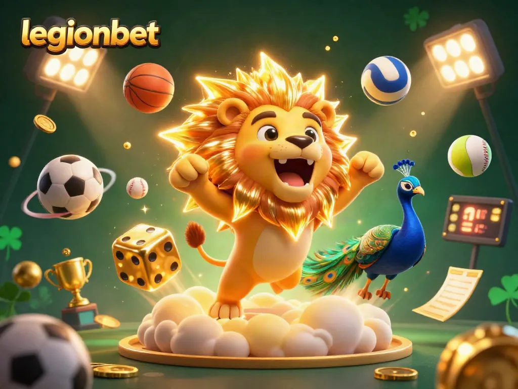 Experience excitement with legionbet as golden dice and sports elements create a festive atmosphere.