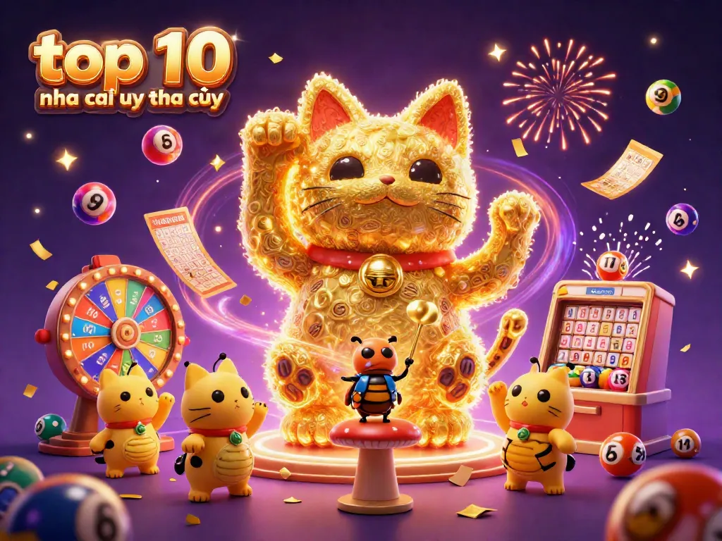Win with top 10 nha cai uy tin đáng chú ý through colorful lottery balls and a golden lucky cat.