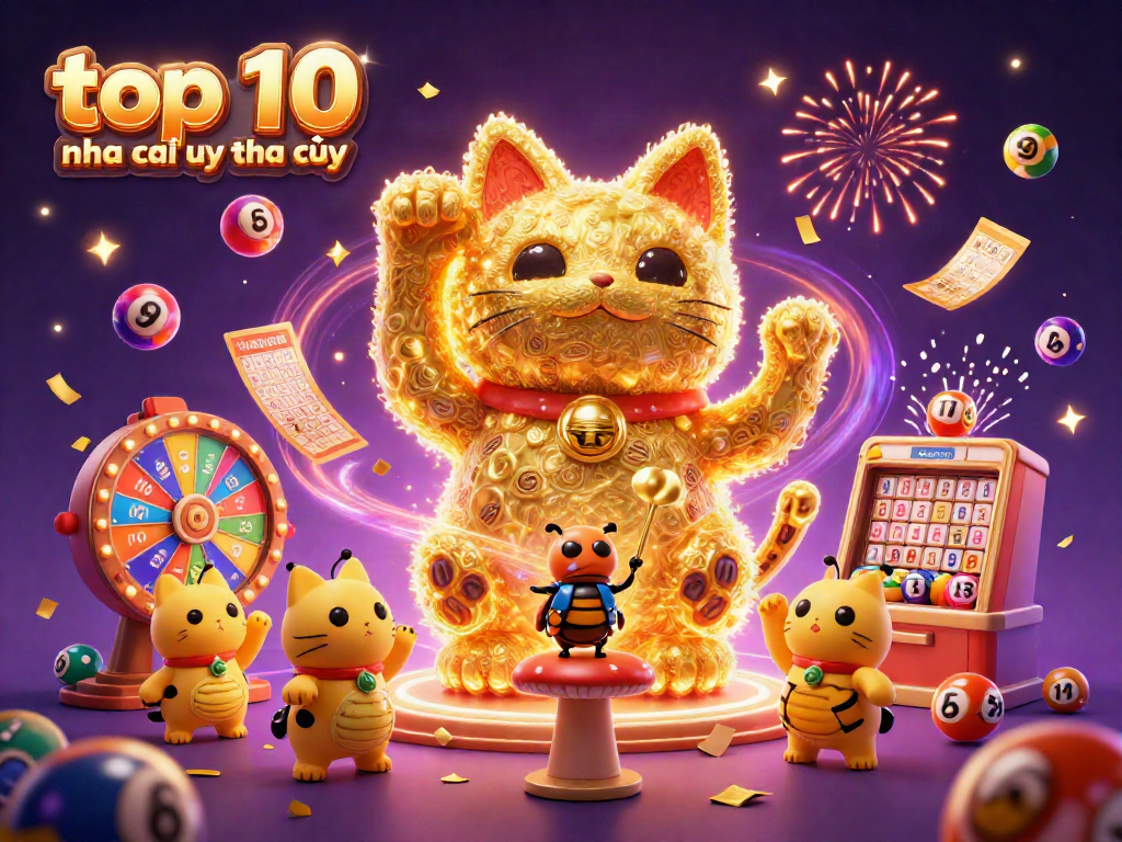 Win with top 10 nha cai uy tin đáng chú ý through colorful lottery balls and a golden lucky cat.