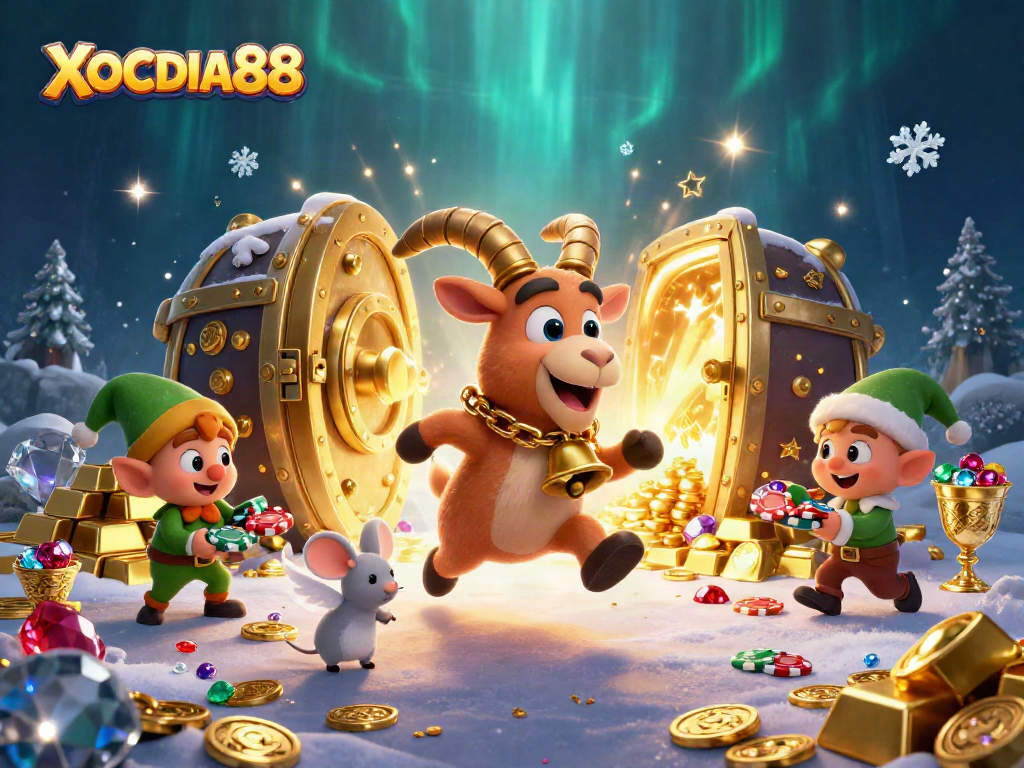Play thrilling games at XOCDIA88, a festive casino with a spooky Krampus goat and gremlins.