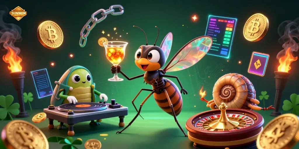 SUNWIN's vibrant casino scene features a frozen-in-amber mosquito mascot with a golden cocktail among blockchain elements