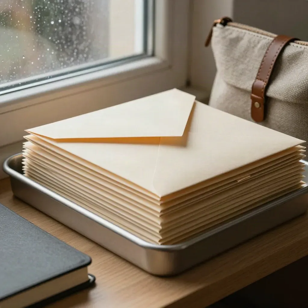 Macro of sealed envelopes, archive tray, notebook, and linen pouch by a rainy office window.