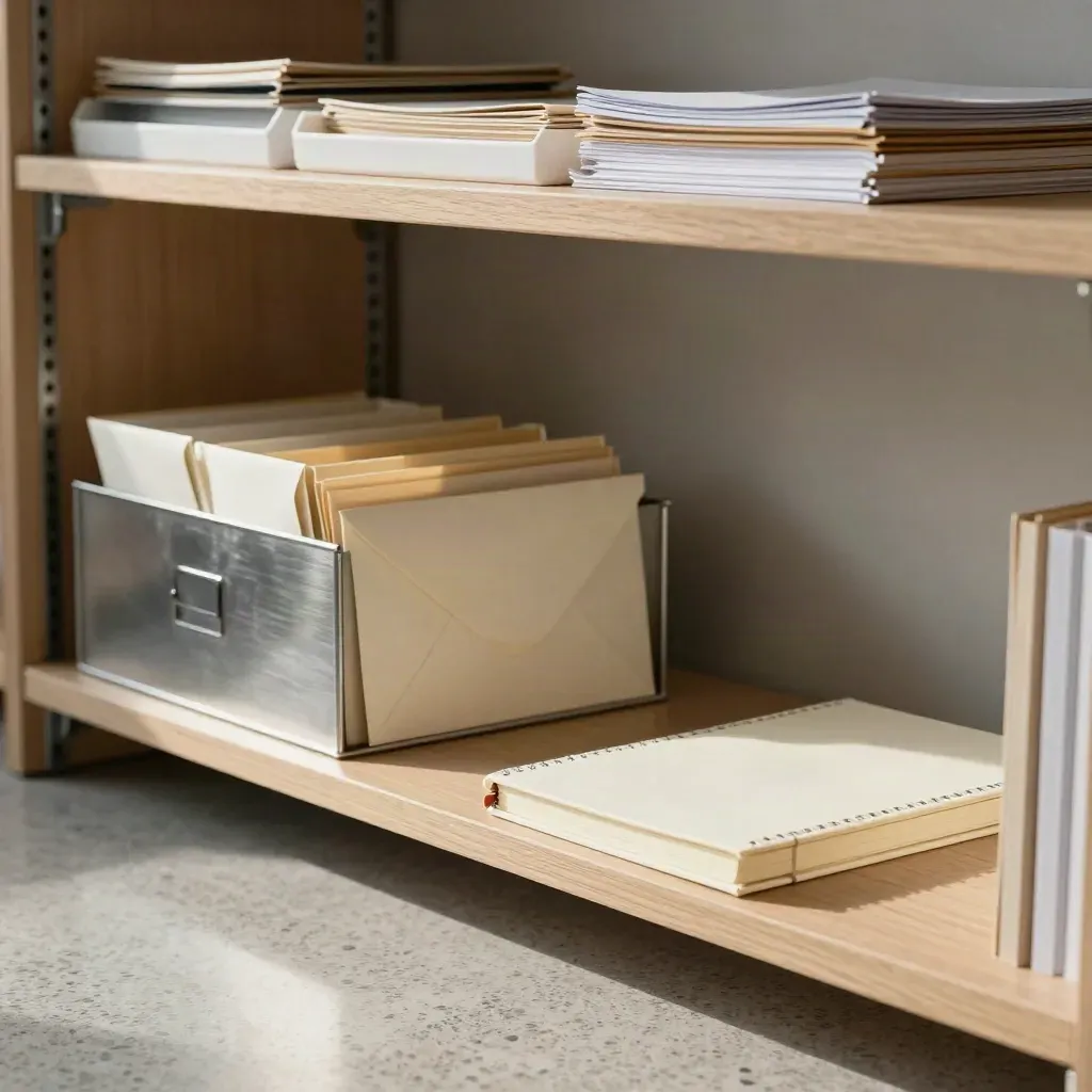 Privacy request trays and envelopes on a records shelf in a quiet office archive.