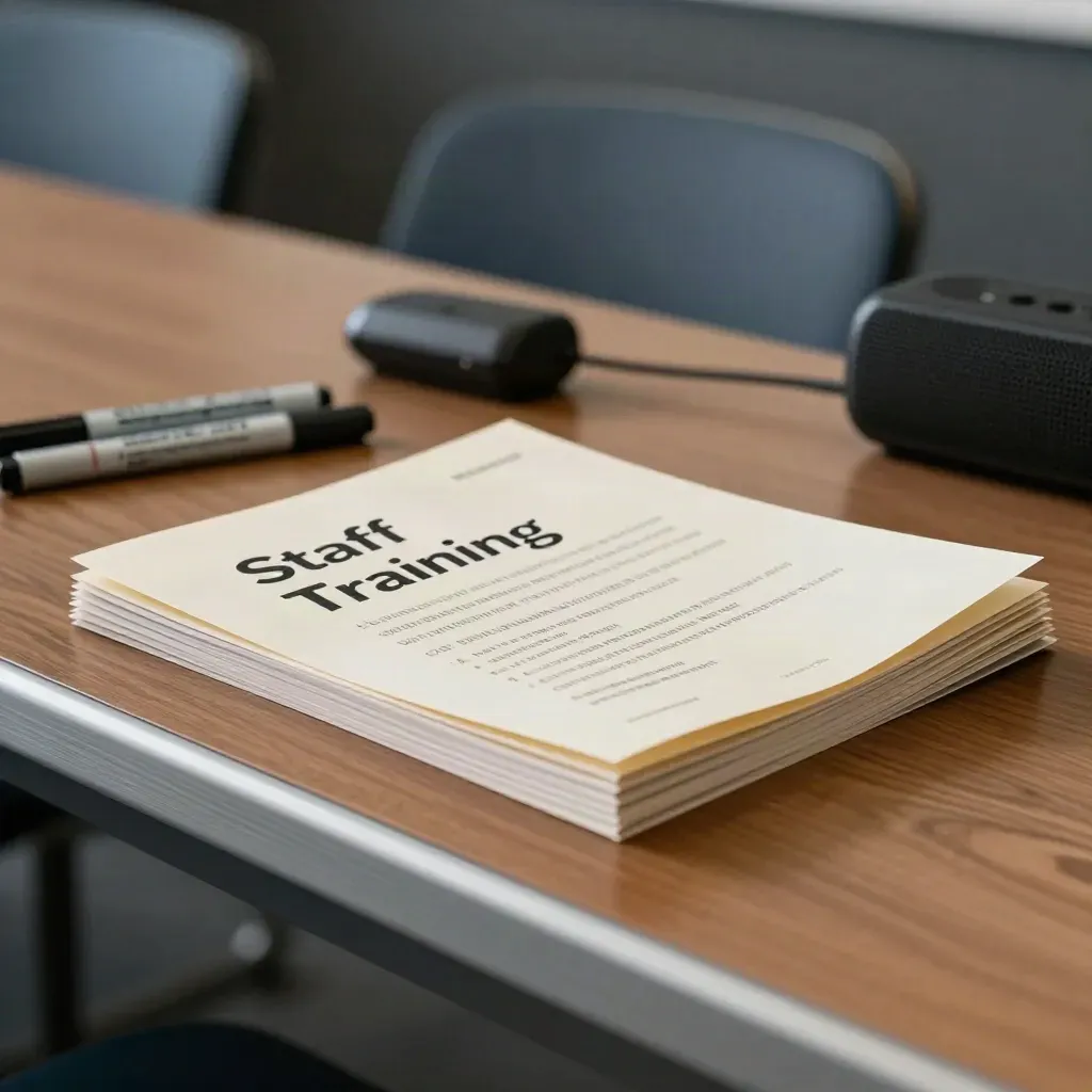 Face-down training handouts, markers, and a speaker on a walnut table before a founder session.