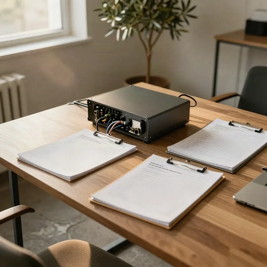 Prototype hardware and checklist folders on a review table beside an office plant.