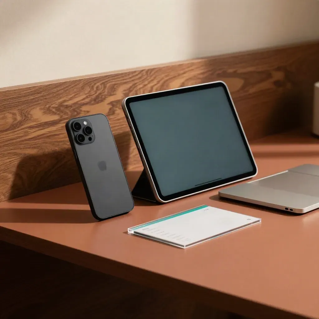 Phone, tablet, closed laptop and acrylic settings card on a terracotta compliance desk in warm window light