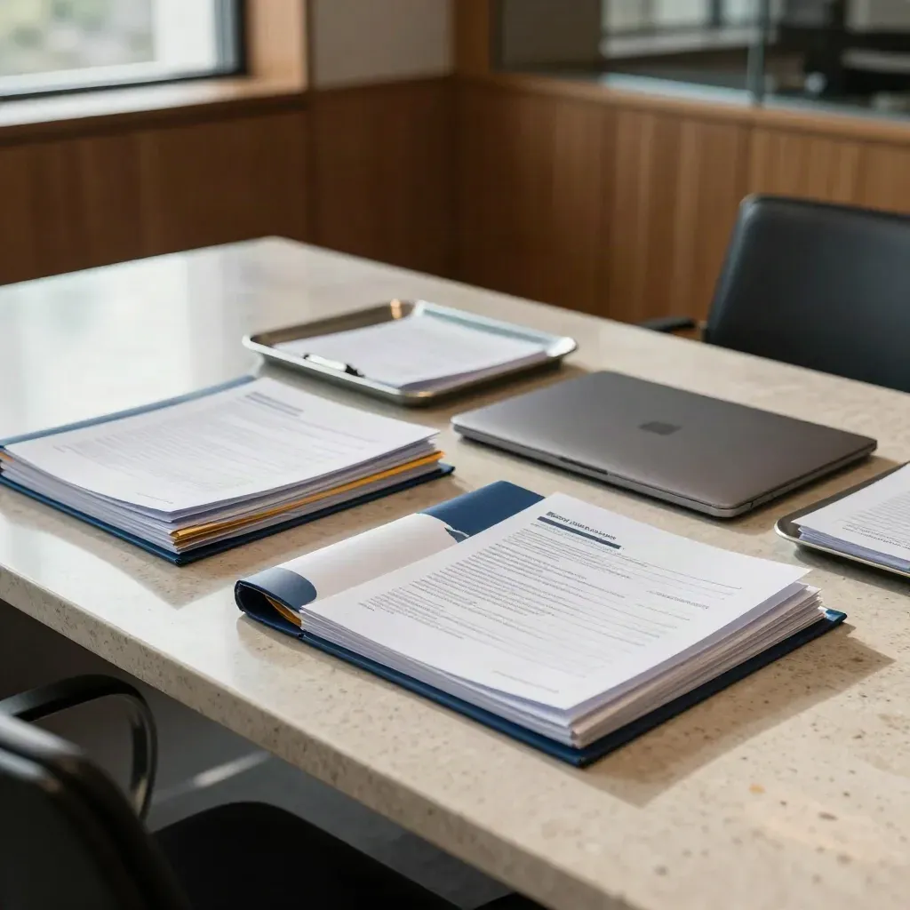 Audit report pack on a travertine boardroom table in late-day light.
