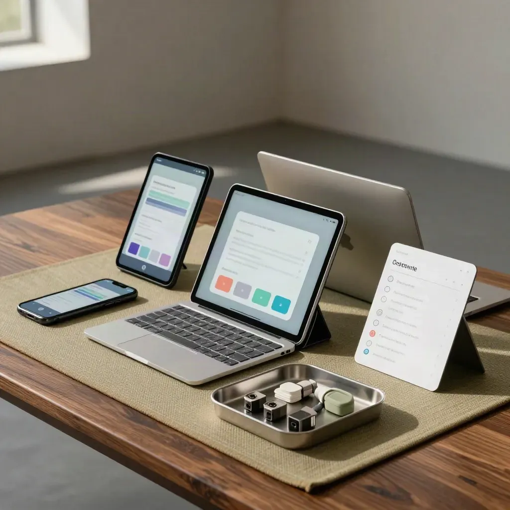 Phone, tablet and laptop on a privacy compliance QA bench with settings card and tray.