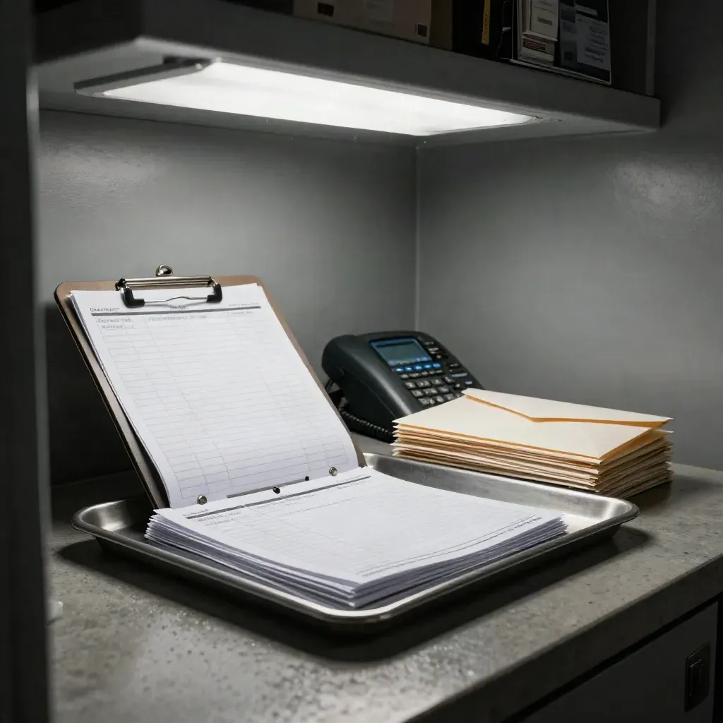 Late-night breach notes station with folder, phone, envelopes and clipped tray under stark light.