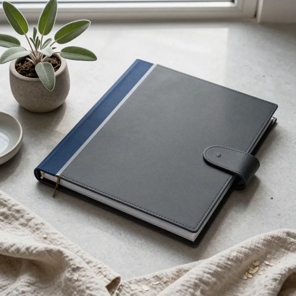 Overhead flatlay of a tabbed audit binder with plant, linen cloth and ceramic dish on pale concrete.