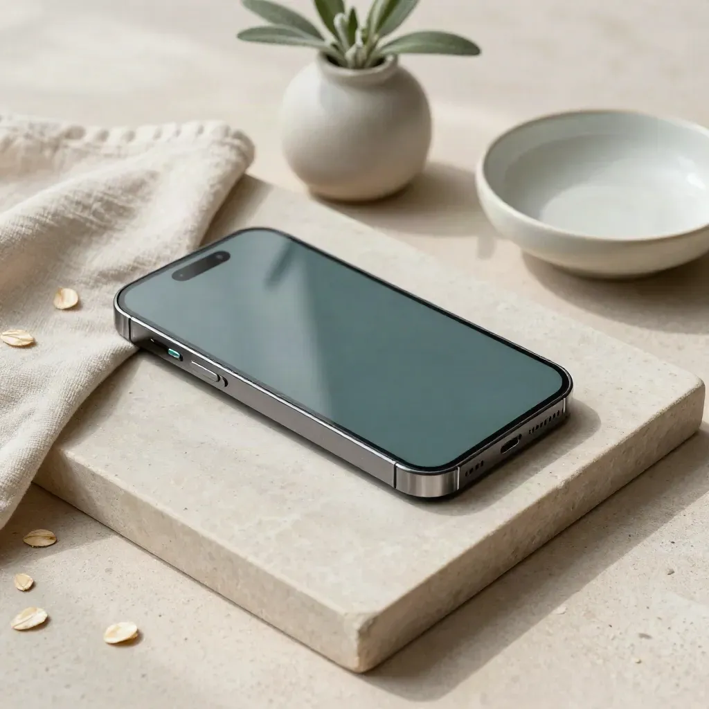 Smartphone on a stone tray with cloth, plant and dish in soft daylight