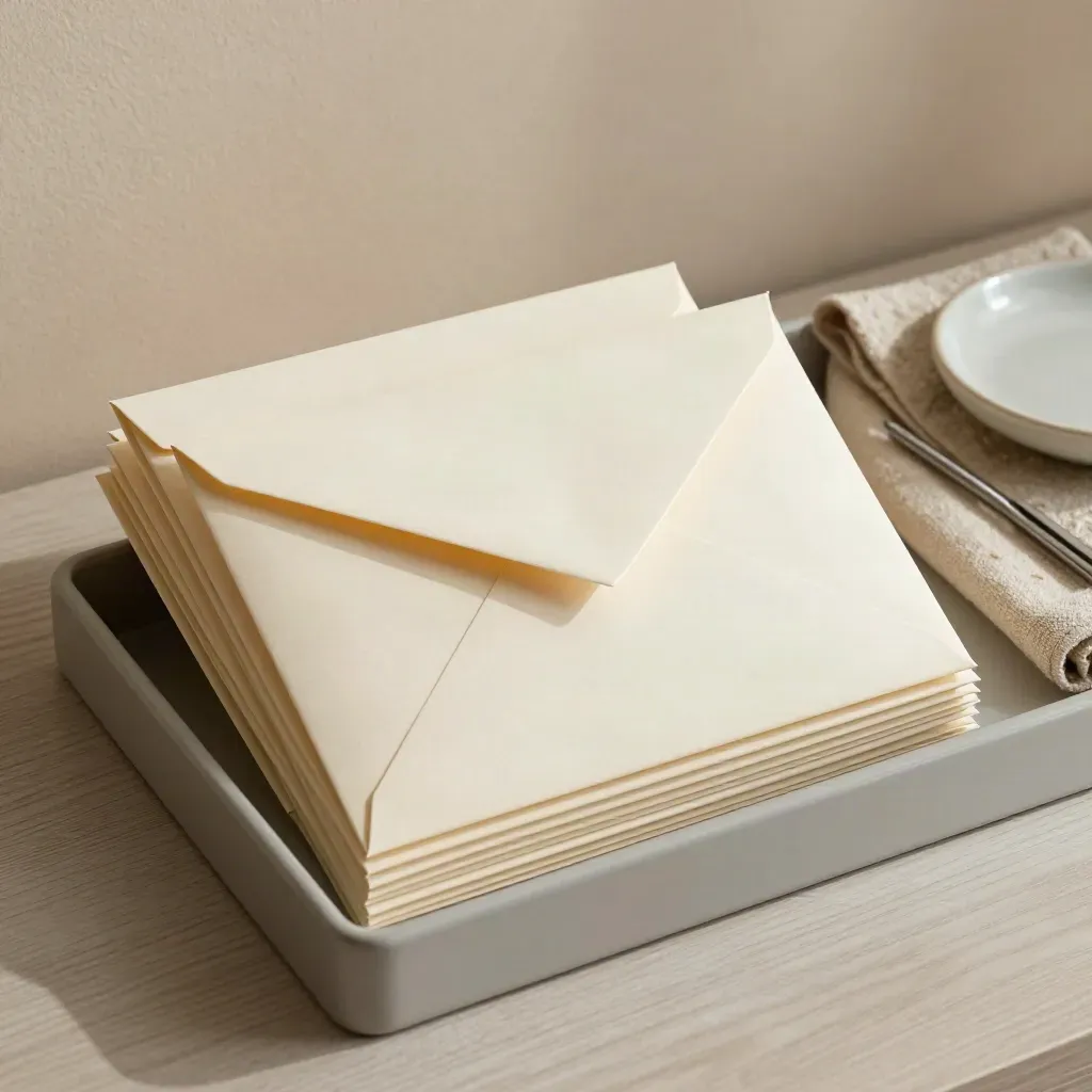 Sealed reply envelopes in an archive tray with linen and ceramic dish on pale wood