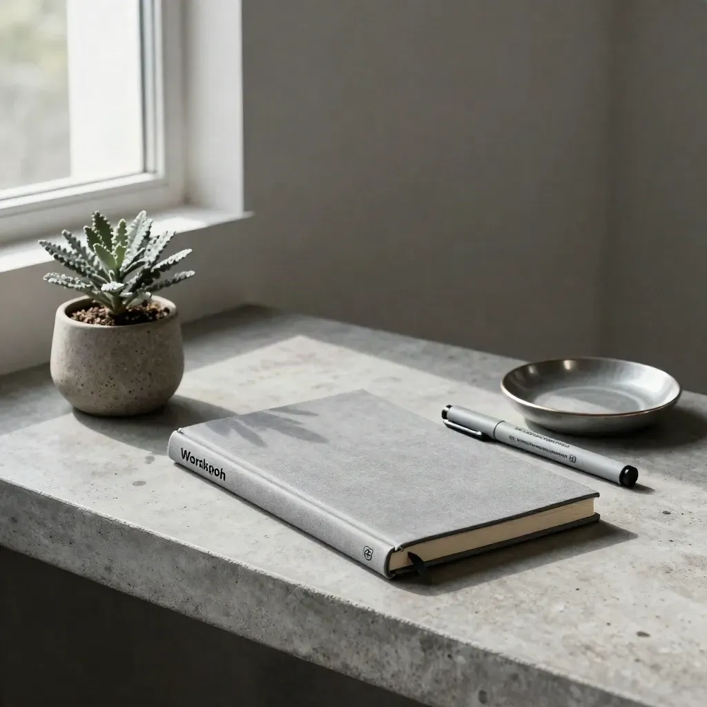 Workshop notebook, markers, plant and ceramic dish on a concrete shelf in soft daylight.