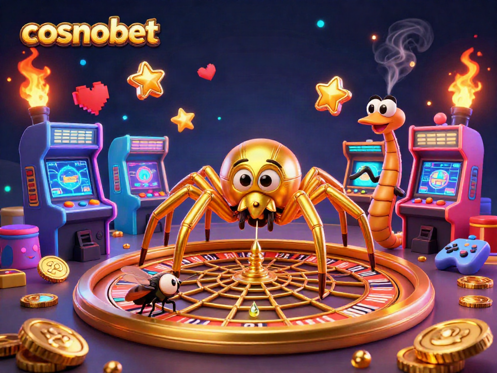 Engage with cosmobet’s thrilling gaming experience featuring a cartoon spider and croupier at a roulette wheel.