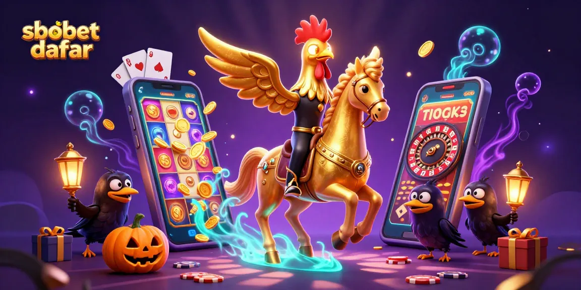 Experience sbobet daftar with a vibrant casino scene featuring a golden rooster and spectral horses.