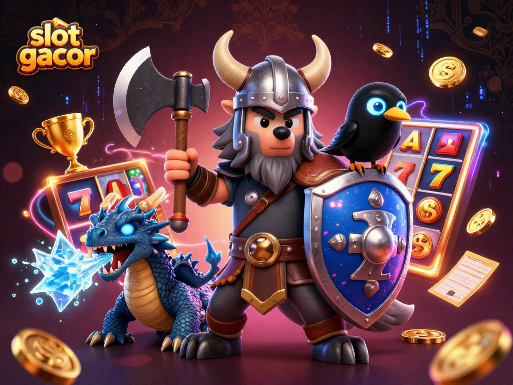 Engage in exciting plays at slot gacor with a lively scene of a heroic wolf warrior and thrilling gaming elements.