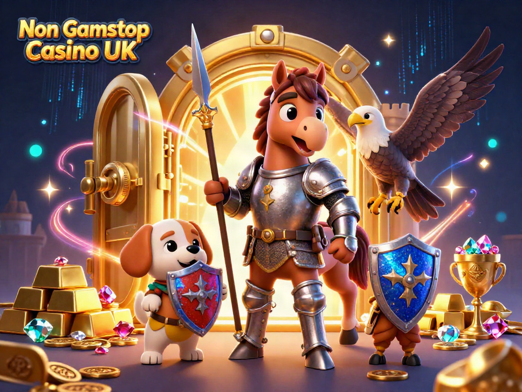 Experience thrilling action at a Non Gamstop Casino UK with a colorful 3D knight and treasures.