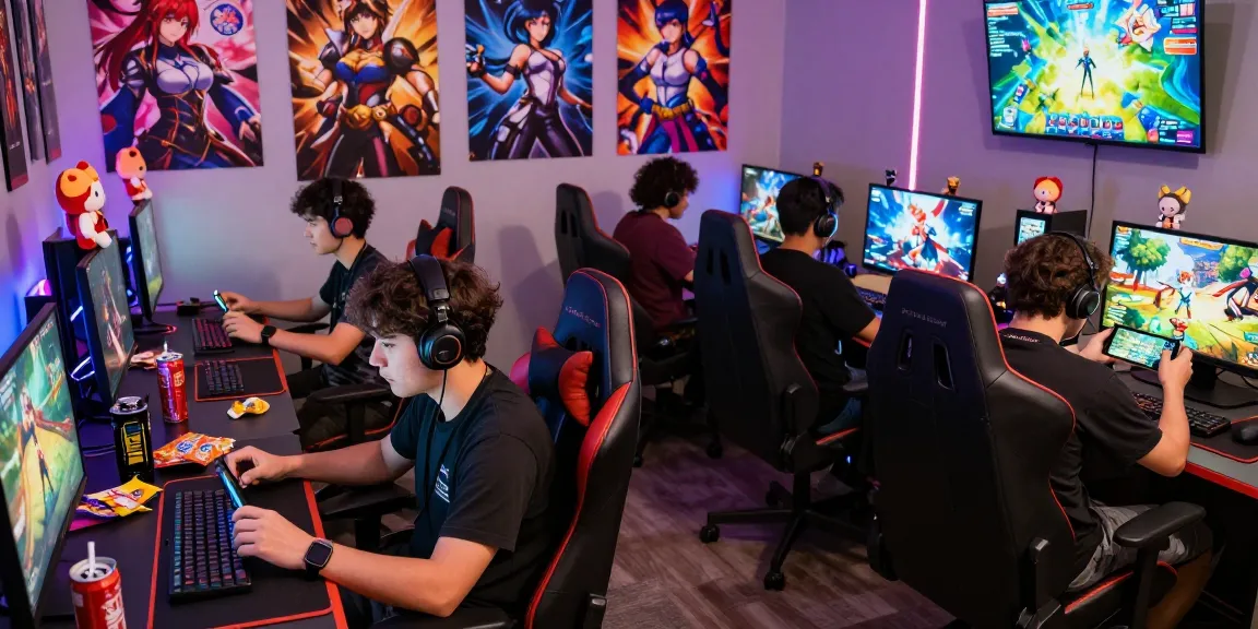 Gamers immersed in a variety of hentai games with vibrant visuals and dynamic lighting.
