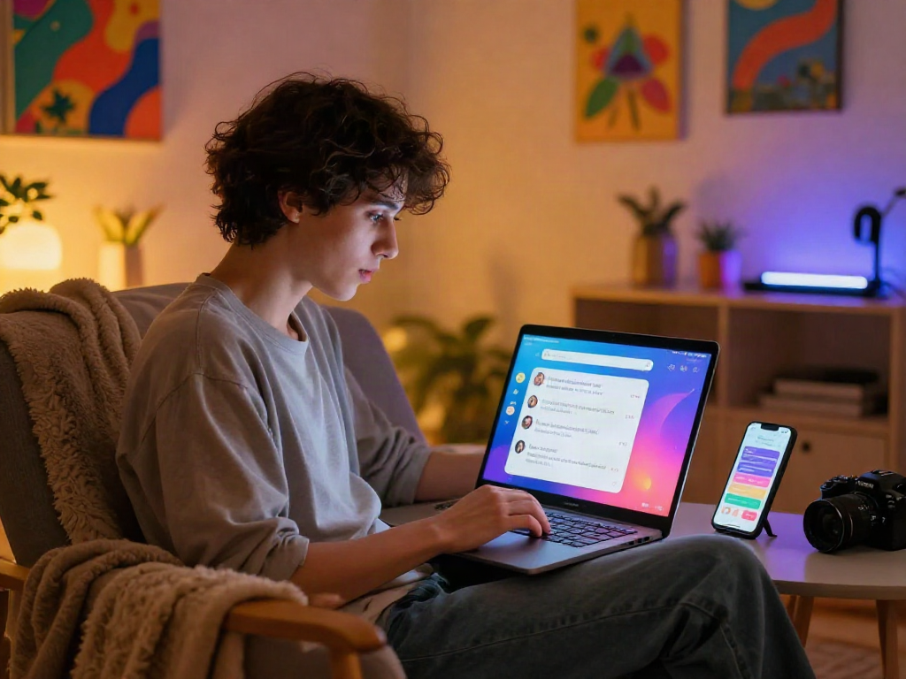 User engaged in ai porn chat application, showcasing interactive elements in a cozy setting