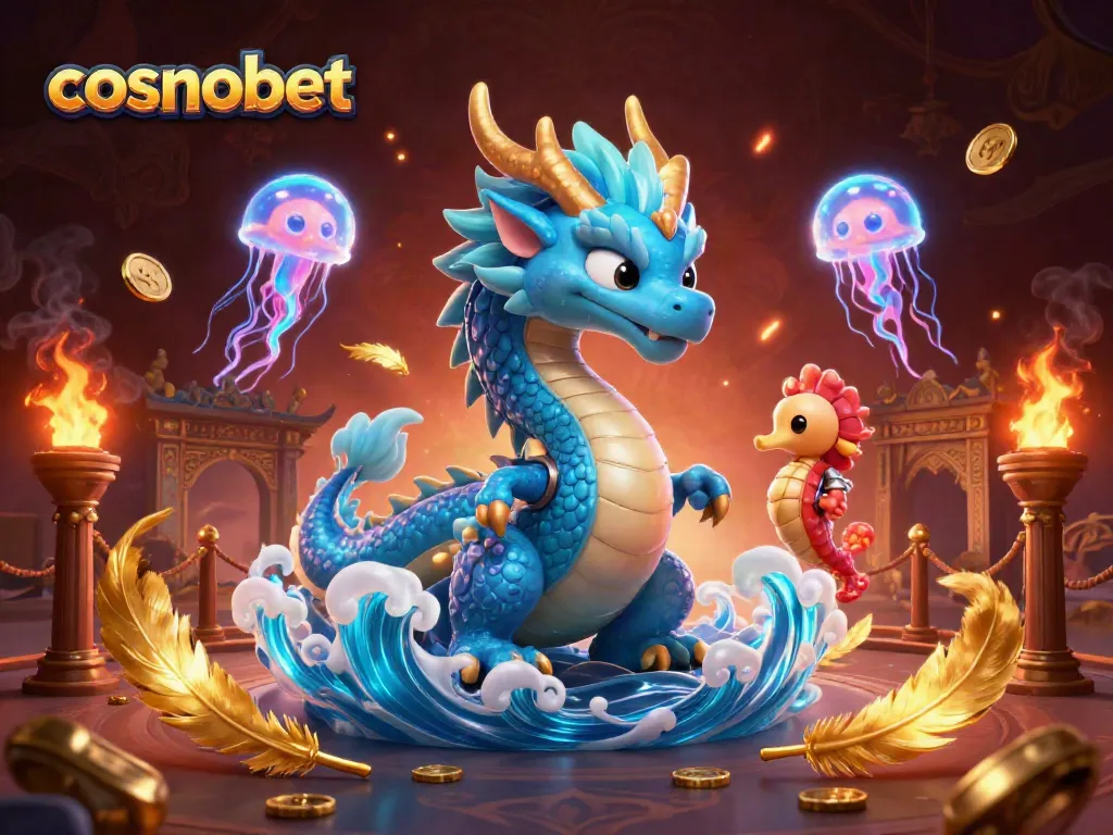 Engage with cosmobet's vibrant casino world showcasing a water dragon and jellyfish in a magical arena.