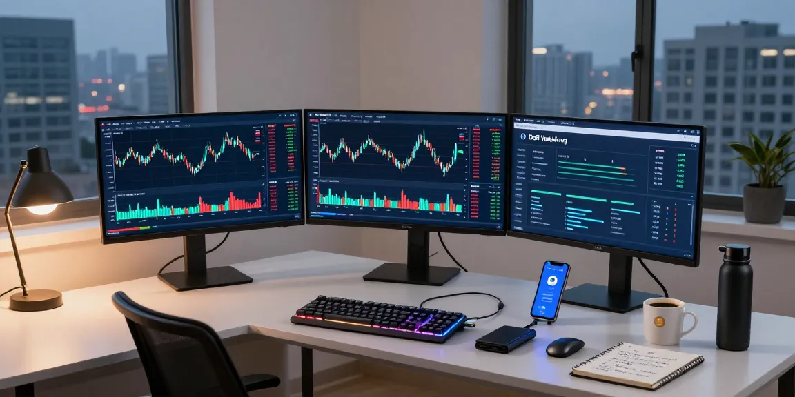 Recuperación de criptomonedas phishing, persona analizando gráficos en un espacio de trabajo profesional con pantallas mostrando transacciones y datos sobre activos digitales.