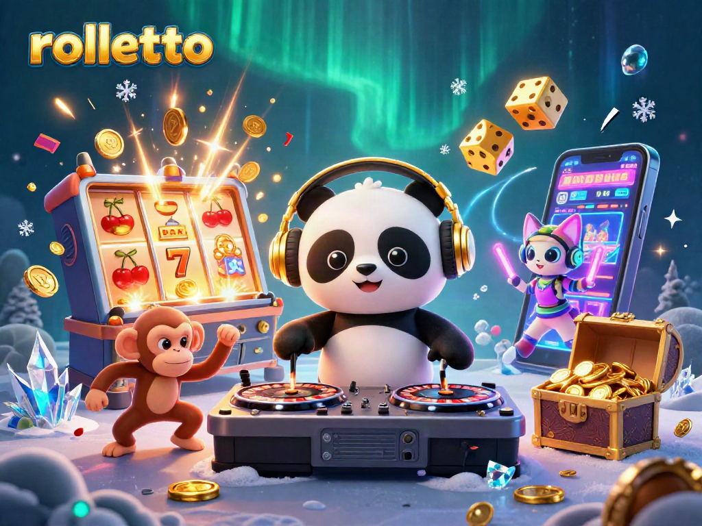 Experience thrilling gameplay at Rolletto as the DJ panda spins the roulette wheels surrounded by vibrant gaming elements.