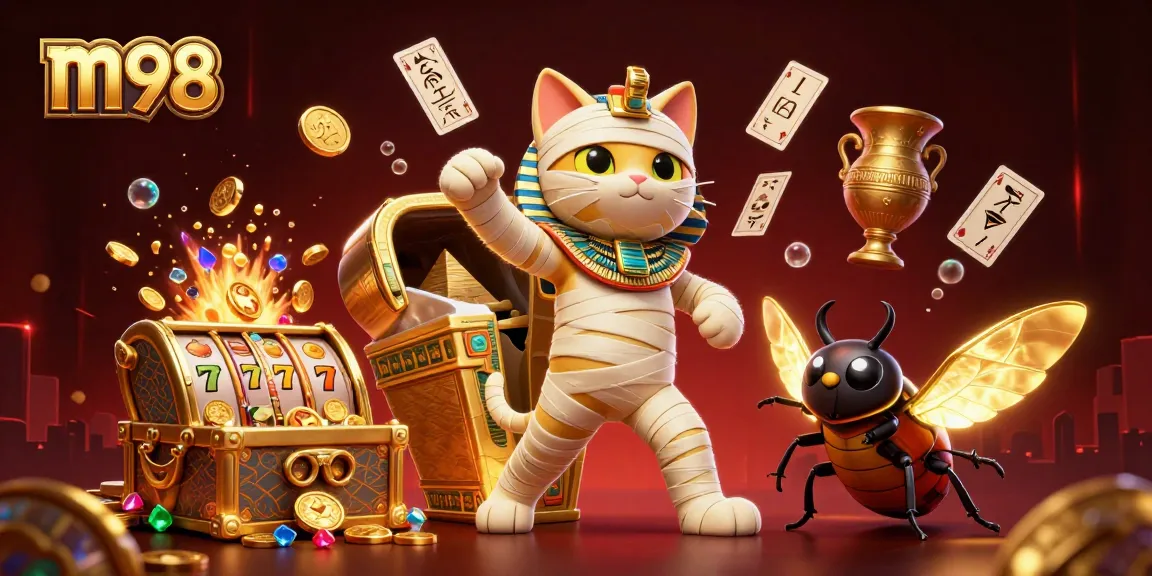Engage in thrilling m98 casino adventures with a vibrant mummy cat and scarab beetle.