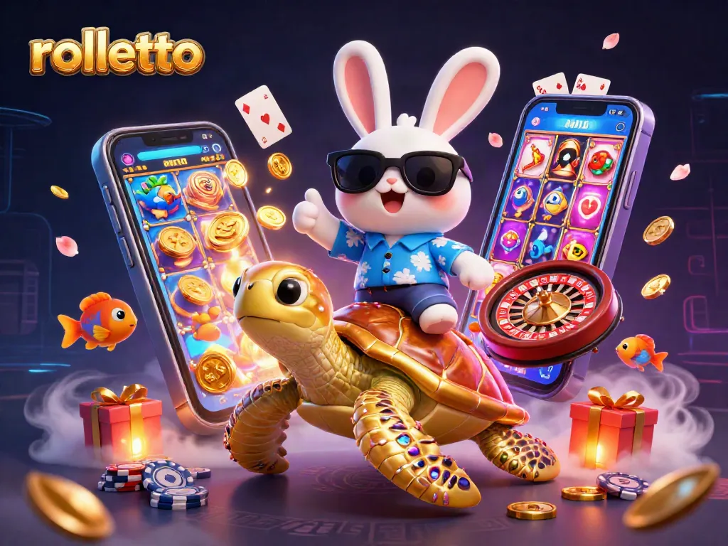 Experience rolletto gaming excitement with a lucky rabbit and golden turtle in a vibrant 3D scene.