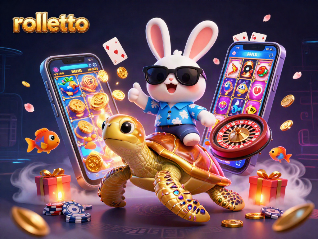 Experience rolletto gaming excitement with a lucky rabbit and golden turtle in a vibrant 3D scene.