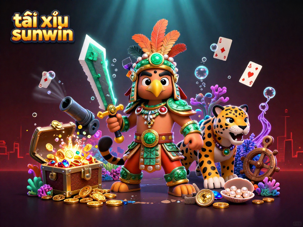 Experience the thrill of tài xỉu sunwin with dynamic warriors and floating casino elements.